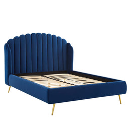 Lana Queen Performance Velvet Wingback Platform Bed in Navy