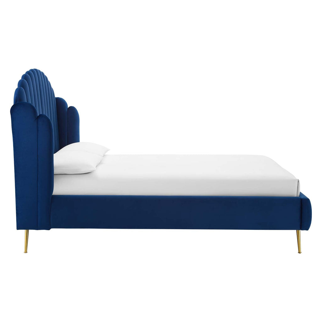 Lana Queen Performance Velvet Wingback Platform Bed in Navy