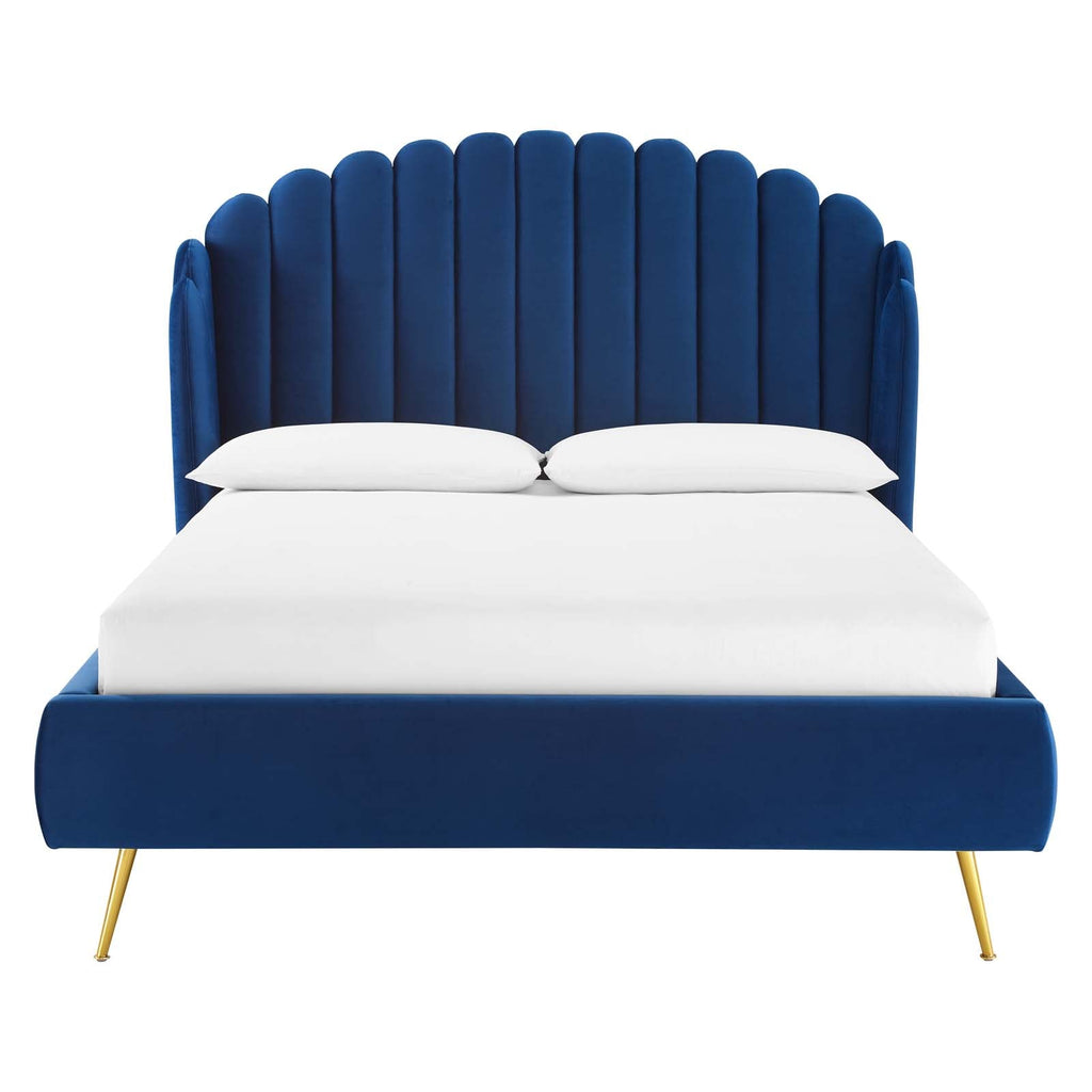 Lana Queen Performance Velvet Wingback Platform Bed in Navy