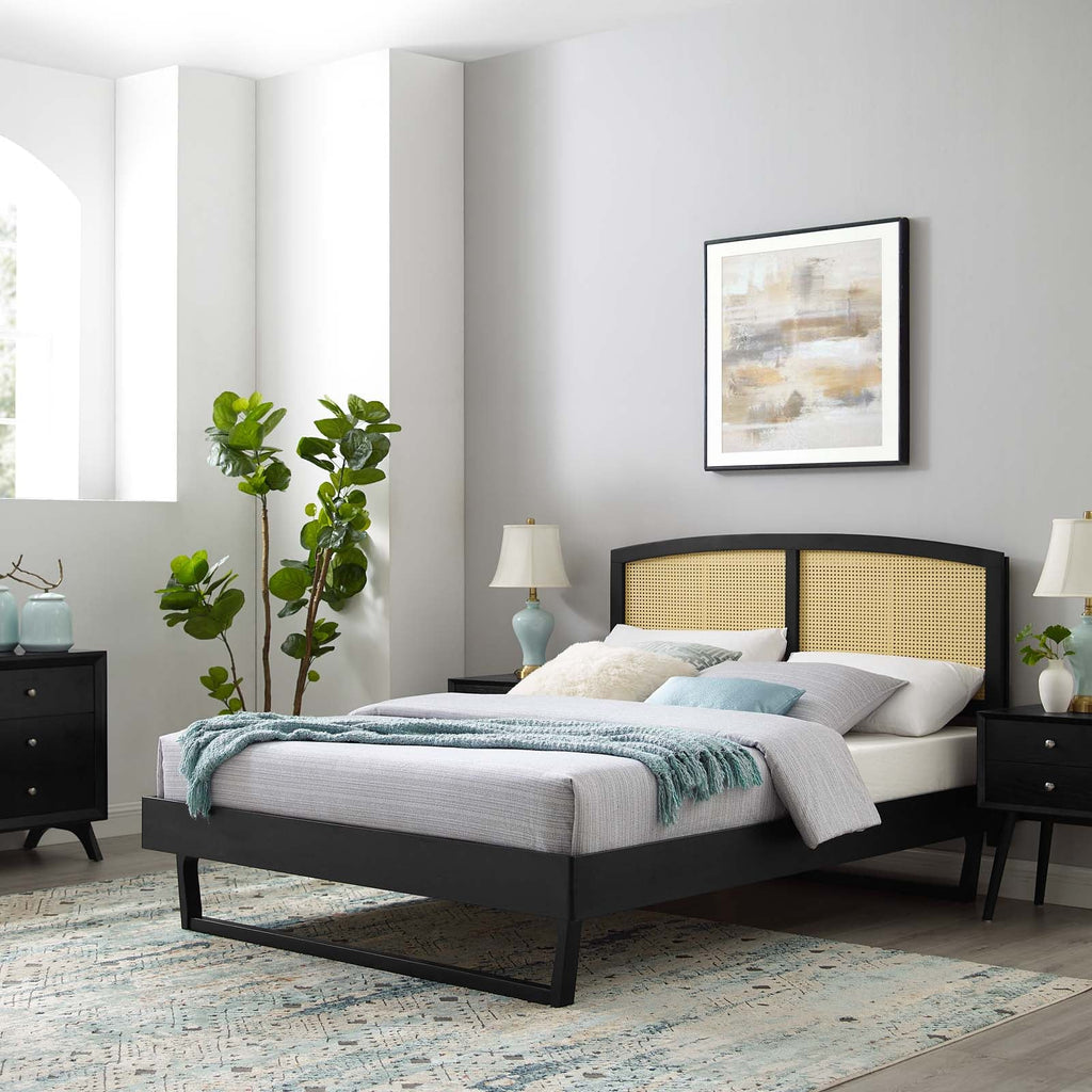 Sierra Cane and Wood Platform Bed With Angular Legs