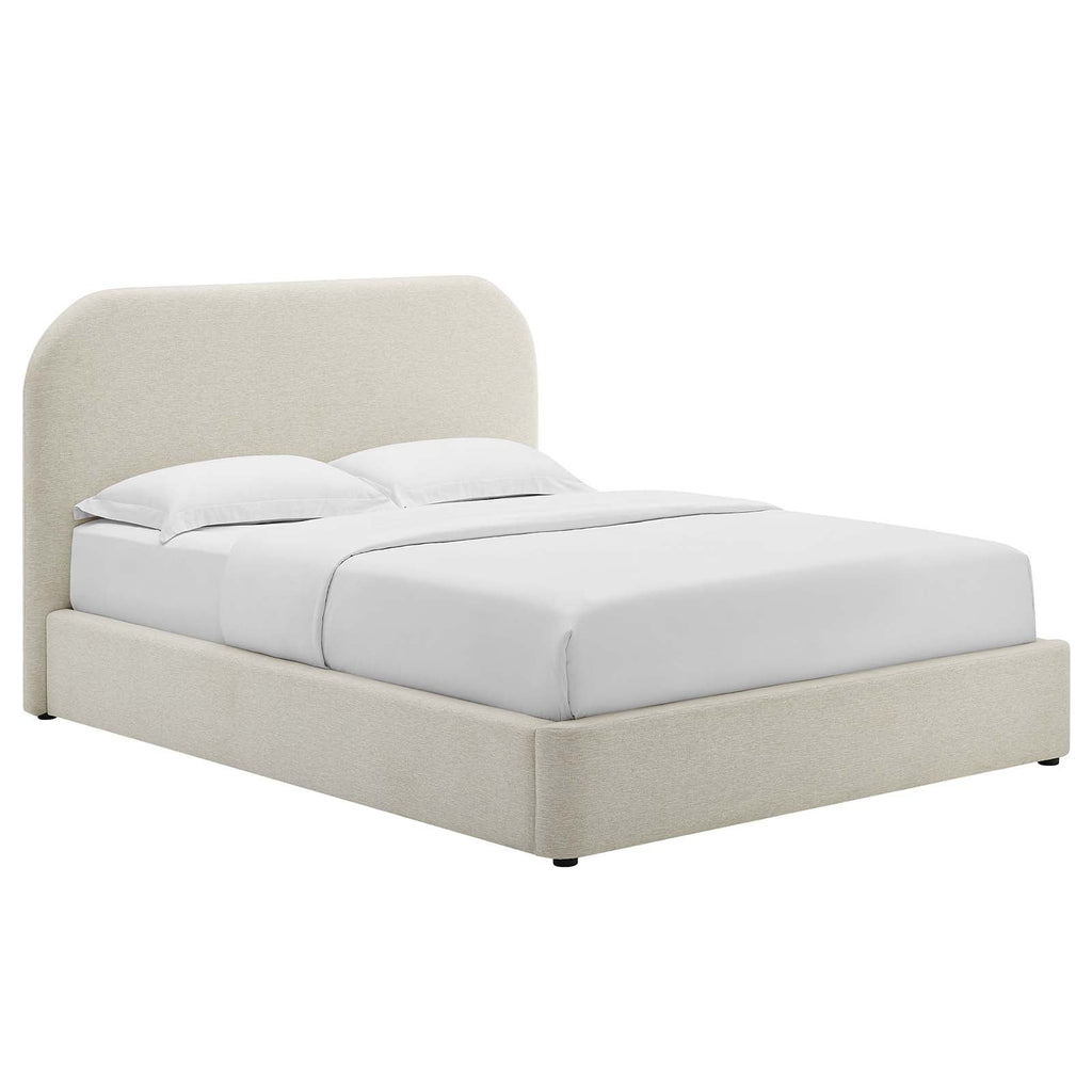Keynote Upholstered Fabric Curved Platform Bed, Heathered Weave Ivory