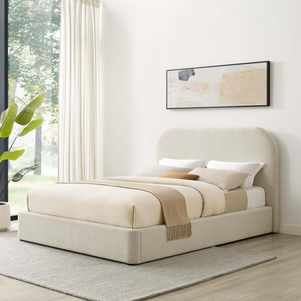 Keynote Upholstered Fabric Curved Platform Bed, Heathered Weave Ivory