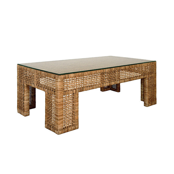 Wide Leg Rectangular Rattan Coffee Table With Glass Top