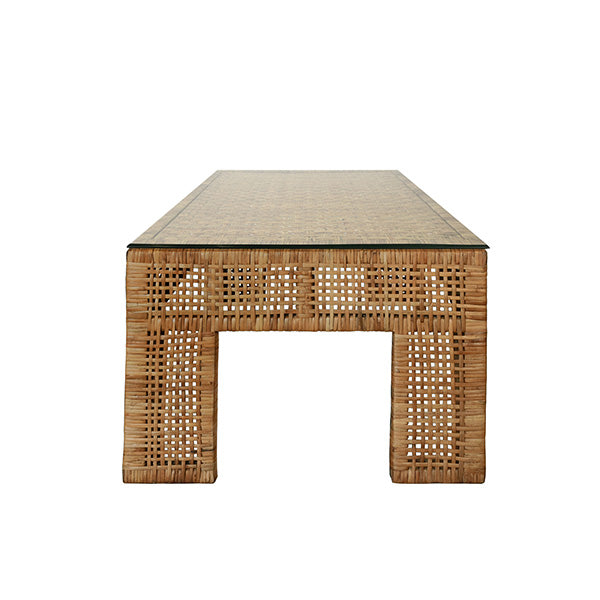 Wide Leg Rectangular Rattan Coffee Table With Glass Top