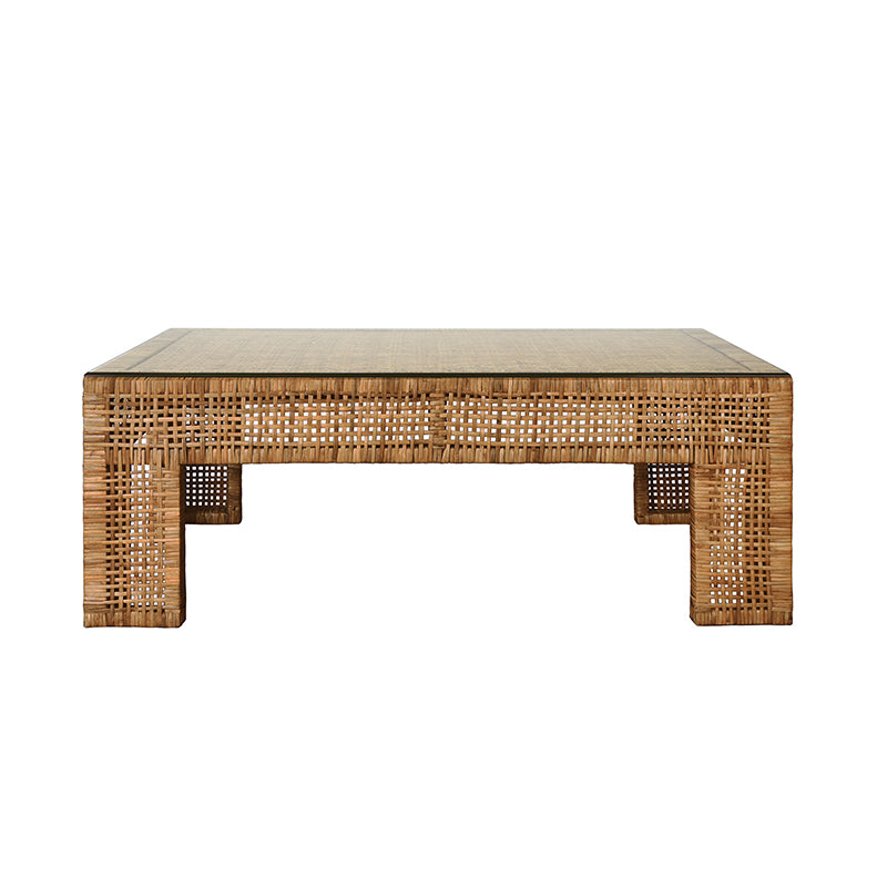 Wide Leg Rectangular Rattan Coffee Table With Glass Top