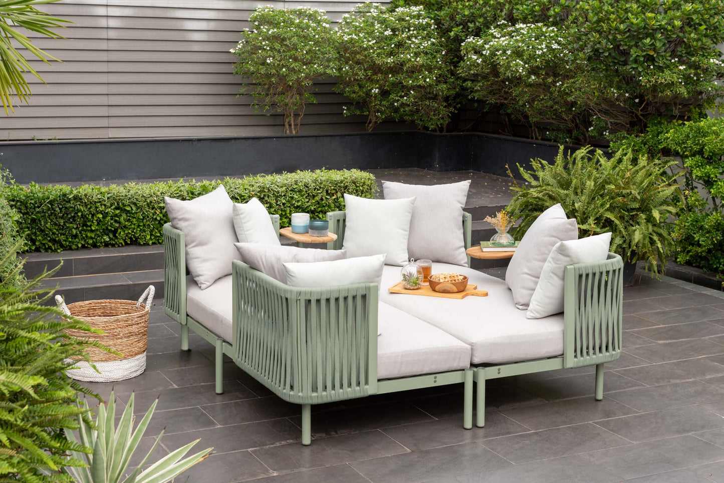 Mica 2-Piece Rust-Free Aluminum and Rope Patio Daybed Set w/ Integrated Side Table and Premium Cushions