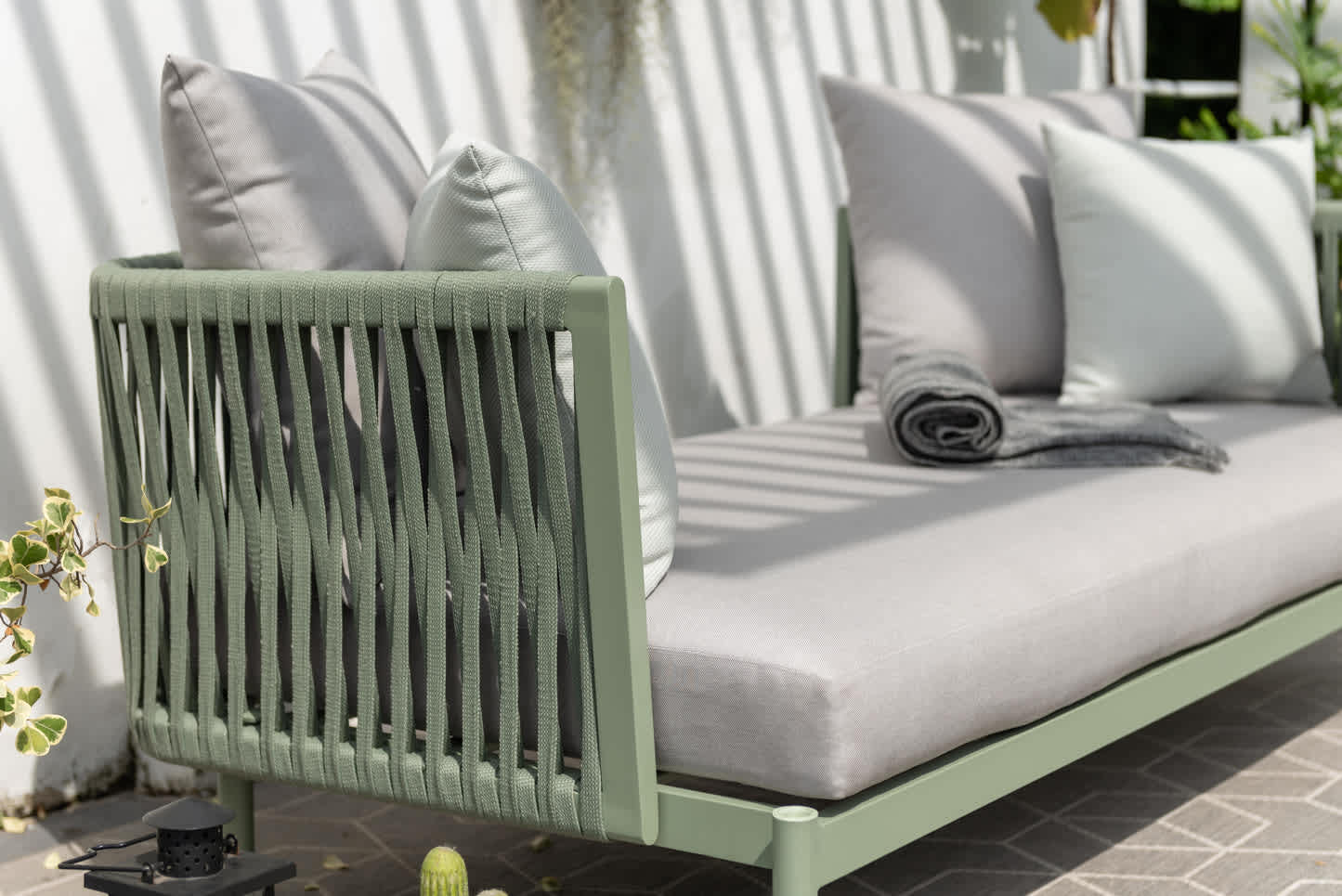 Mica 1-Piece Rust-Free Aluminum and Rope Patio Daybed w/ Integrated Side Table and Premium Cushions