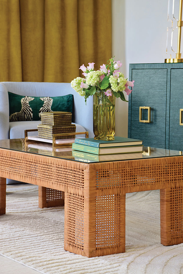 Wide Leg Rectangular Rattan Coffee Table With Glass Top