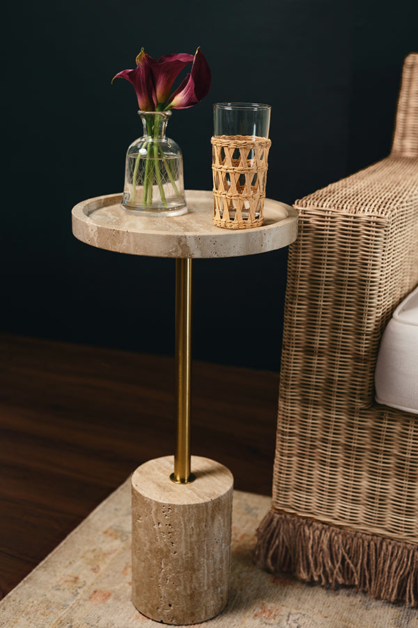 Round Side Table In Travertine With Stainless Steel Pole