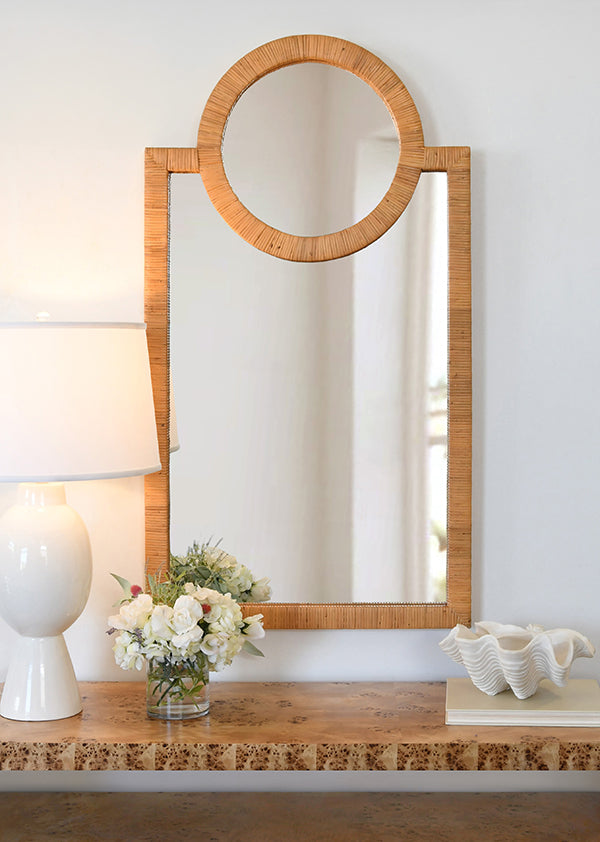 Rattan Wrapped Mirror With Circle Detail