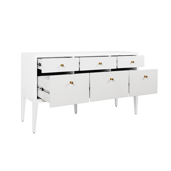 Fluted Six Drawer Buffet With Brass Knobs