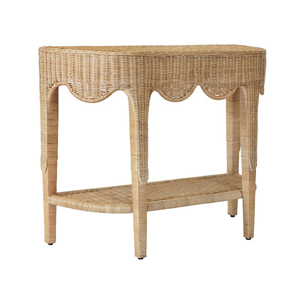 Scalloped Top Demi Lune Console In Woven Rattan With Open Shelf