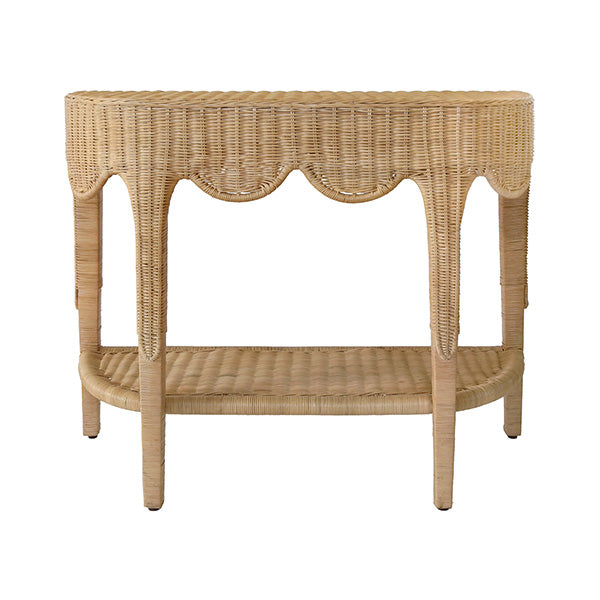 Scalloped Top Demi Lune Console In Woven Rattan With Open Shelf