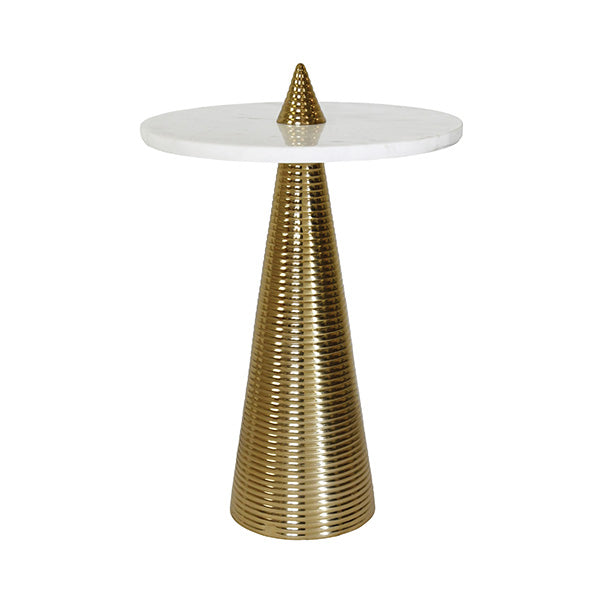 Round Side Table With Conical Coiled Brass Base And White Marble Top