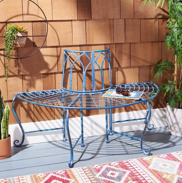 Abia Wrought Iron 50 Inch W Outdoor Tree Bench- Blue