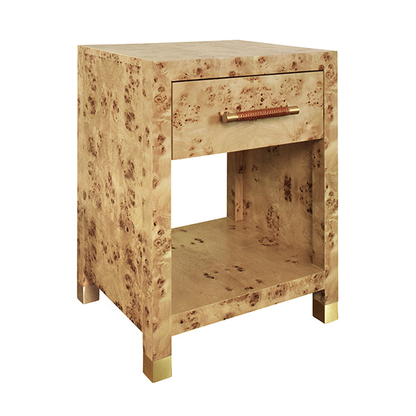 One Drawer Side Table With Rattan Wrapped Handle In Burl Wood