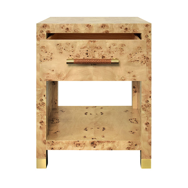 One Drawer Side Table With Rattan Wrapped Handle In Burl Wood