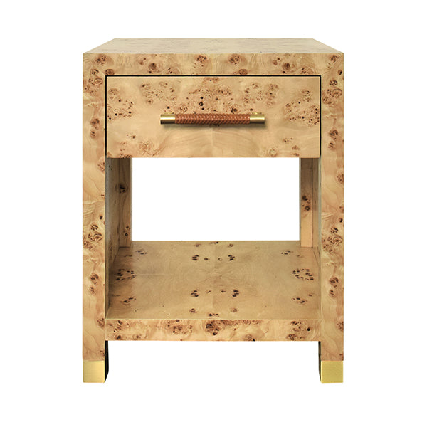 One Drawer Side Table With Rattan Wrapped Handle In Burl Wood