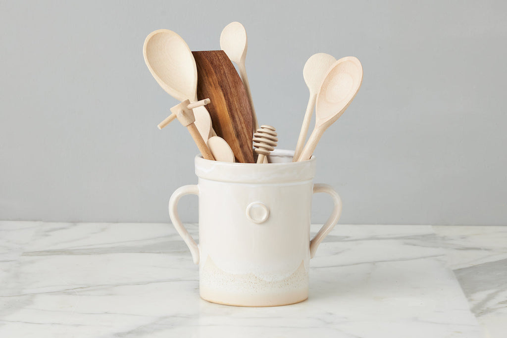 White Handthrown Crock And Utensil Bundle