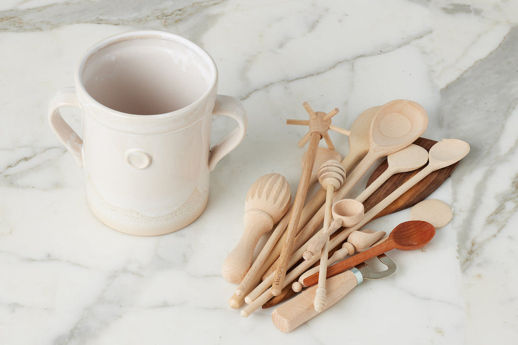 White Handthrown Crock And Utensil Bundle