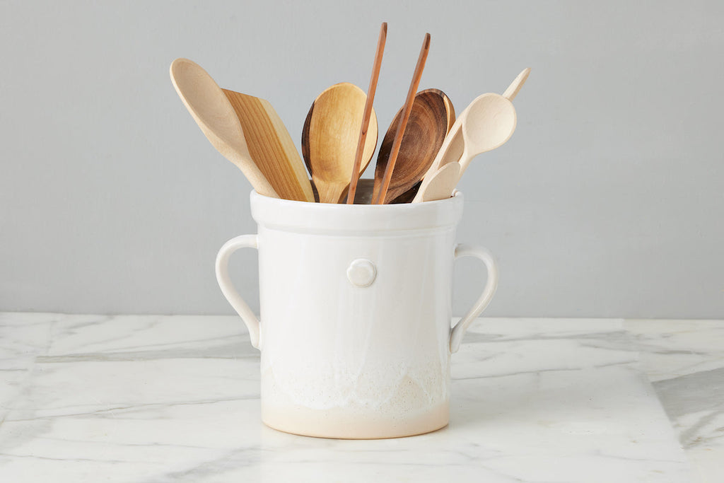 White Handthrown Crock And Utensil Bundle