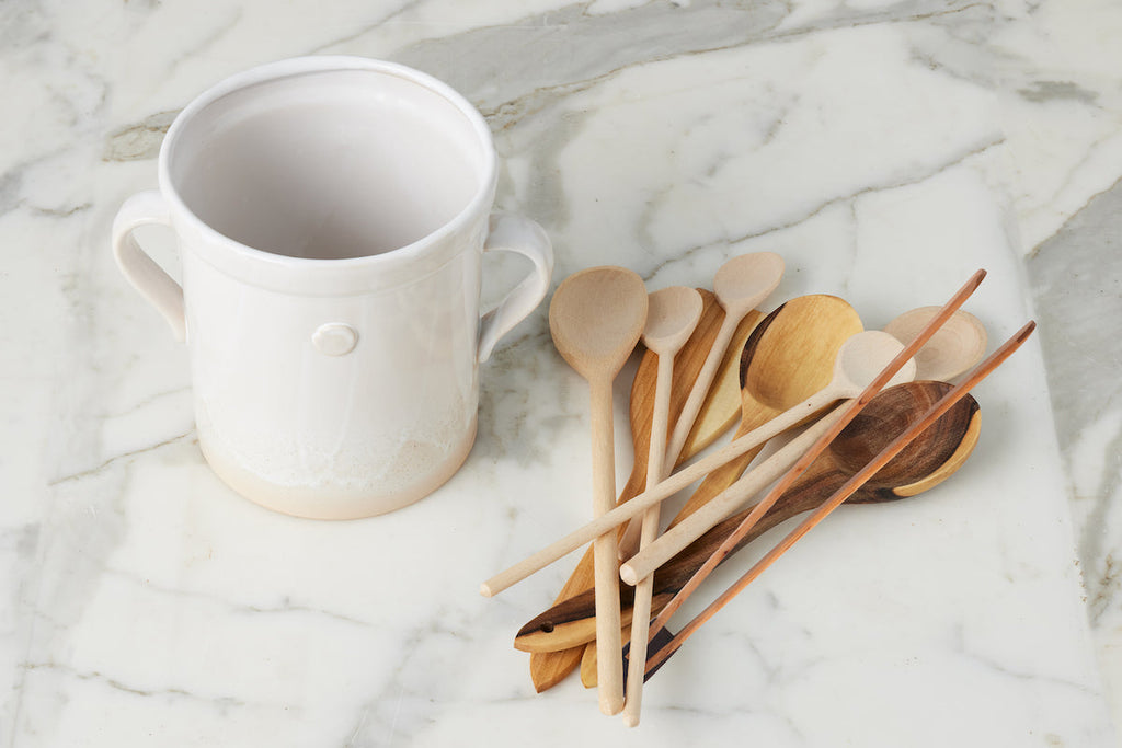 White Handthrown Crock And Utensil Bundle