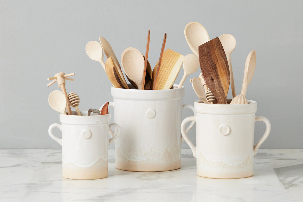 White Handthrown Crock And Utensil Bundle