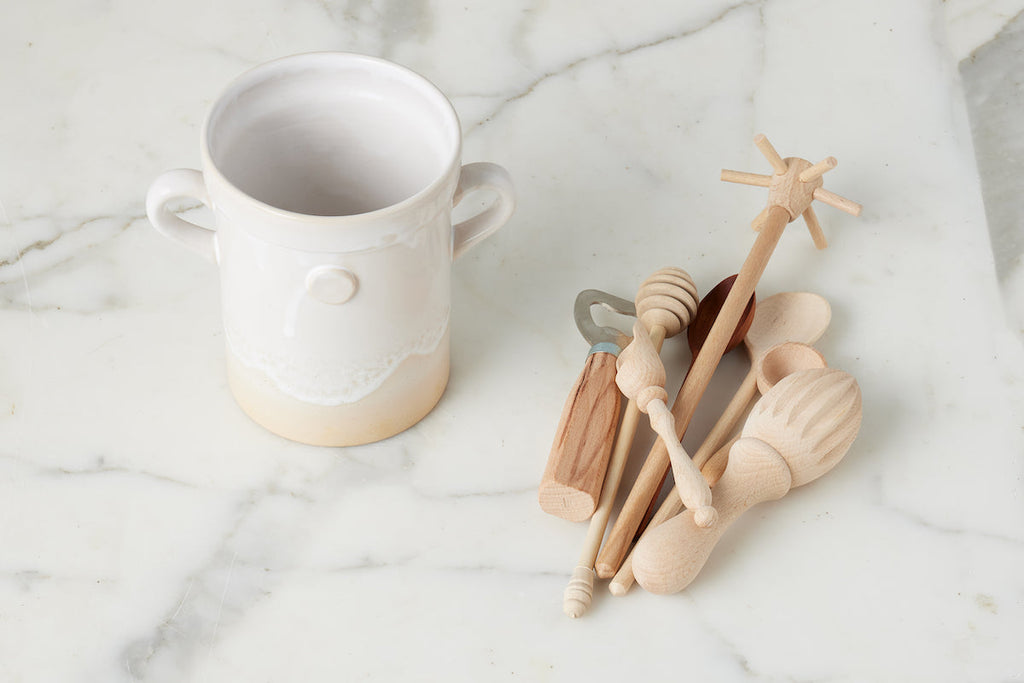 White Handthrown Crock and Utensil Bundle