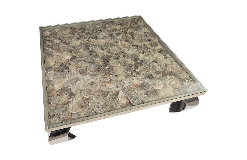 Shell Coffee Table, Glass Top, Ming Stainless Steel Legs