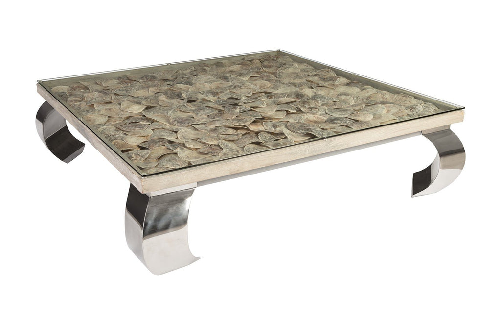 Shell Coffee Table, Glass Top, Ming Stainless Steel Legs