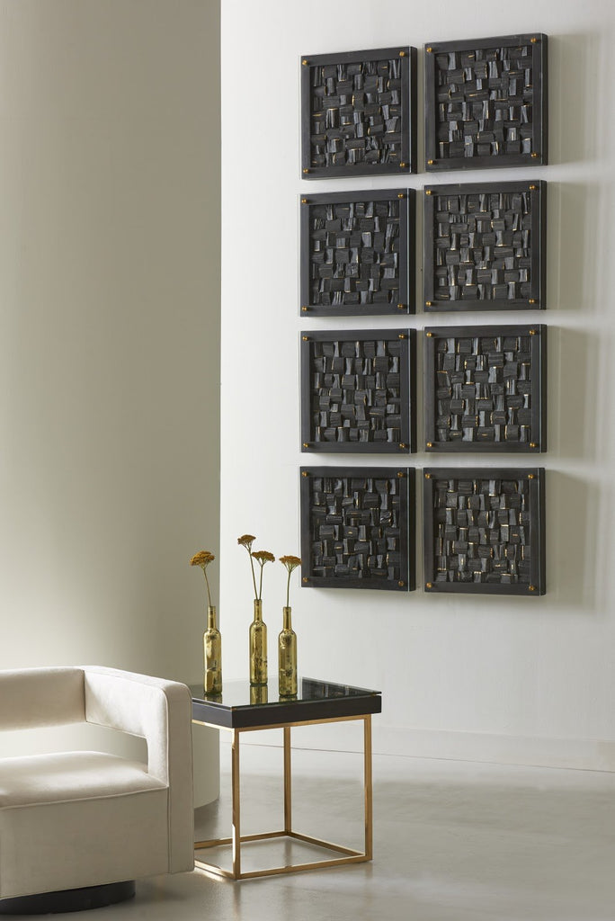 Distressed Blocks Wall Tile, Wood, Glass, Black with Gold Leaf