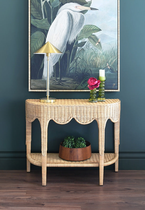 Scalloped Top Demi Lune Console In Woven Rattan With Open Shelf