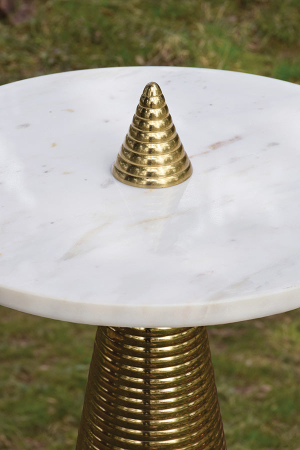 Round Side Table With Conical Coiled Brass Base And White Marble Top