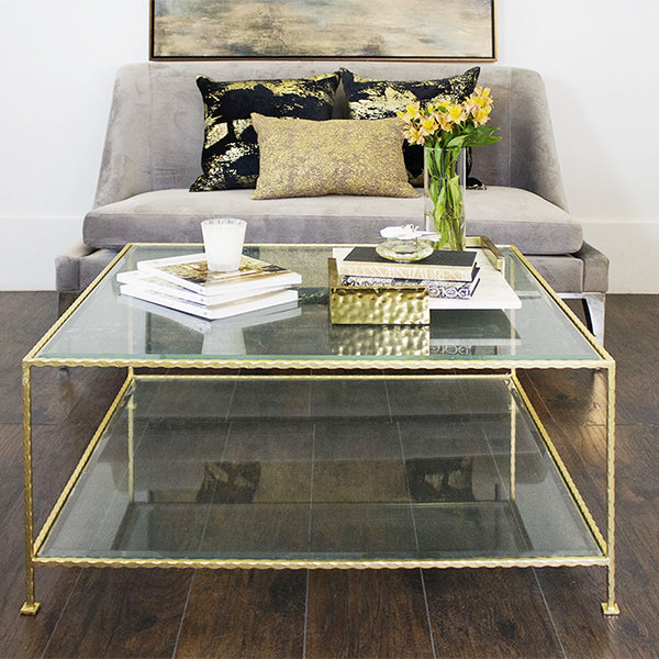 Hammered Gold Leaf Square Coffee Table With Beveled Glass