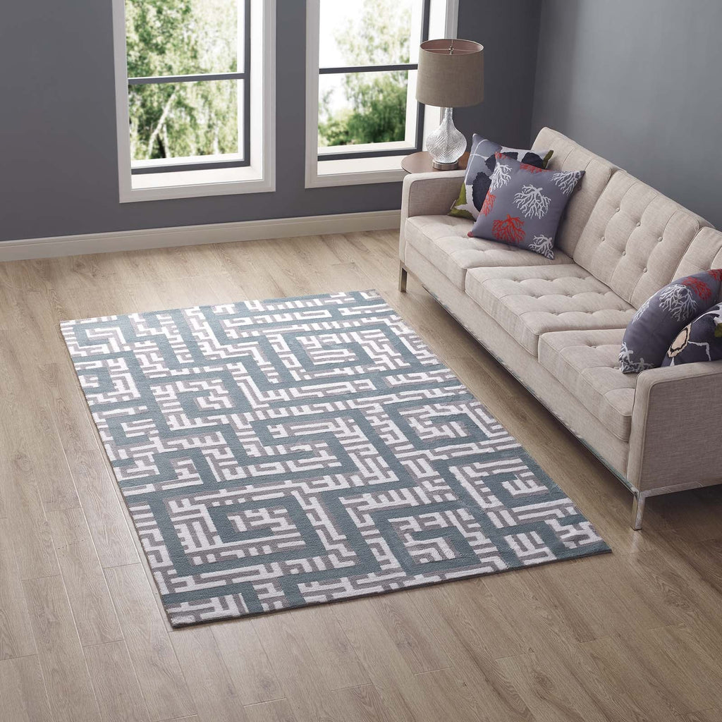 Nahia Geometric Maze 5x8 Area Rug in Ivory,Light Gray and Sky Blue