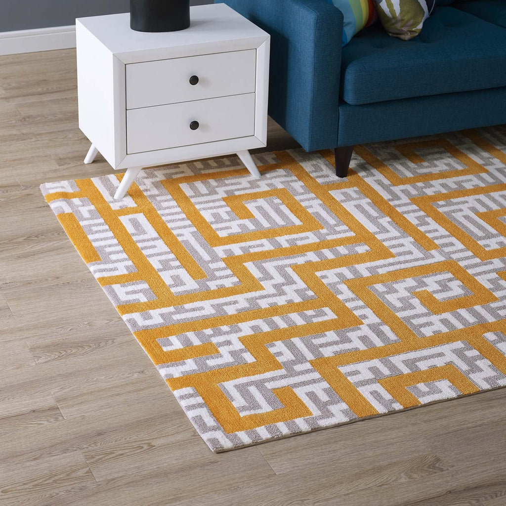 Nahia Geometric Maze 5x8 Area Rug in Ivory,Light Gray and Banana Yellow