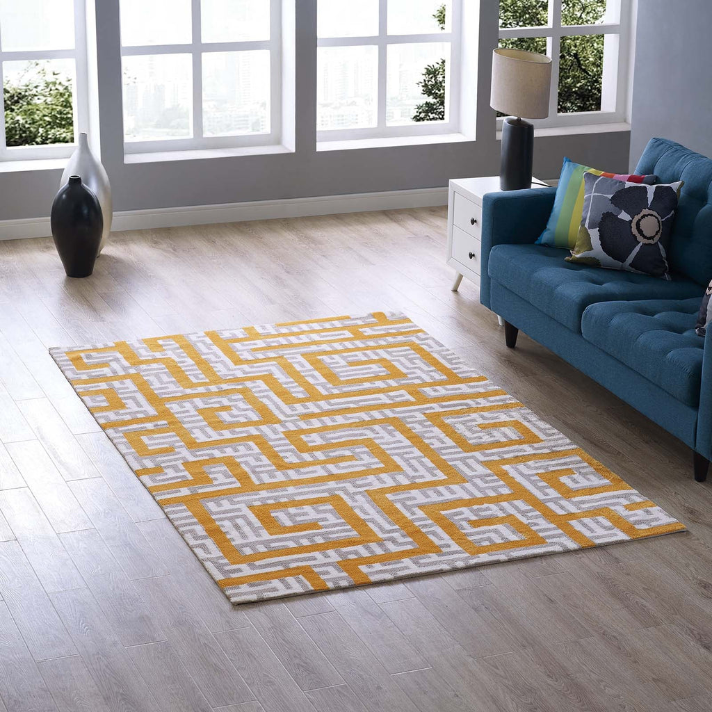 Nahia Geometric Maze 5x8 Area Rug in Ivory,Light Gray and Banana Yellow