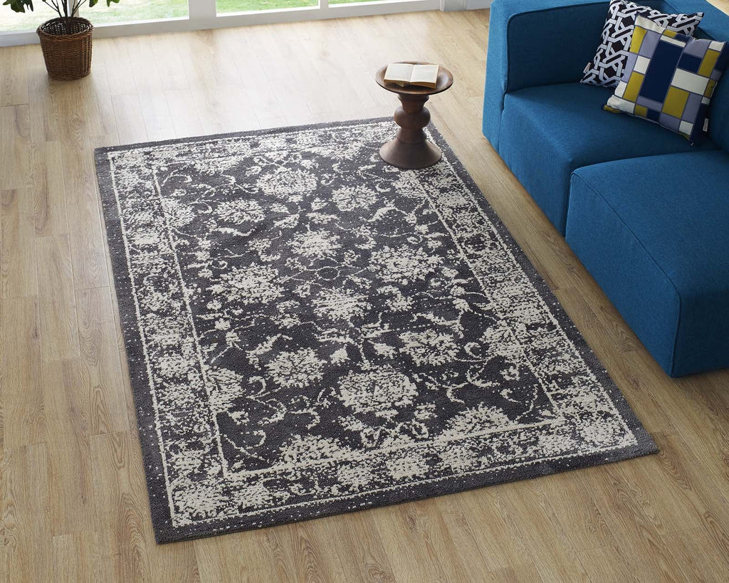 Kazia Distressed Floral Lattice 5x8 Area Rug in Dark Gray and Ivory