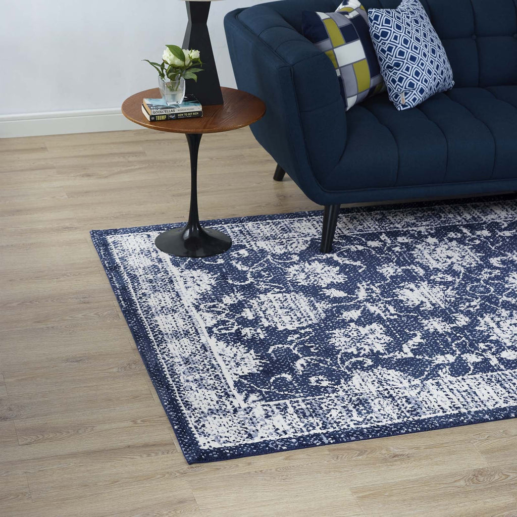 Kazia Distressed Floral Lattice 5x8 Area Rug in Dark Blue and Ivory