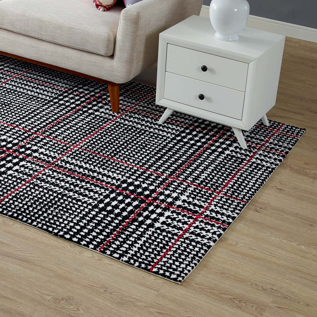 Kaja Abstract Plaid 5x8 Area Rug in Ivory,Black and Red