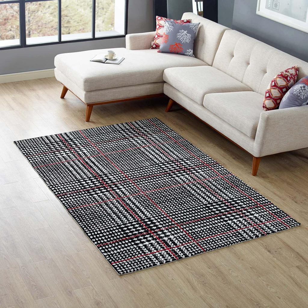 Kaja Abstract Plaid 5x8 Area Rug in Ivory,Black and Red