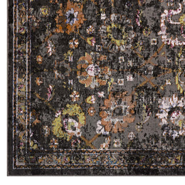 Minu Distressed Floral Lattice 4x6 Area Rug in Black,Yellow and Orange