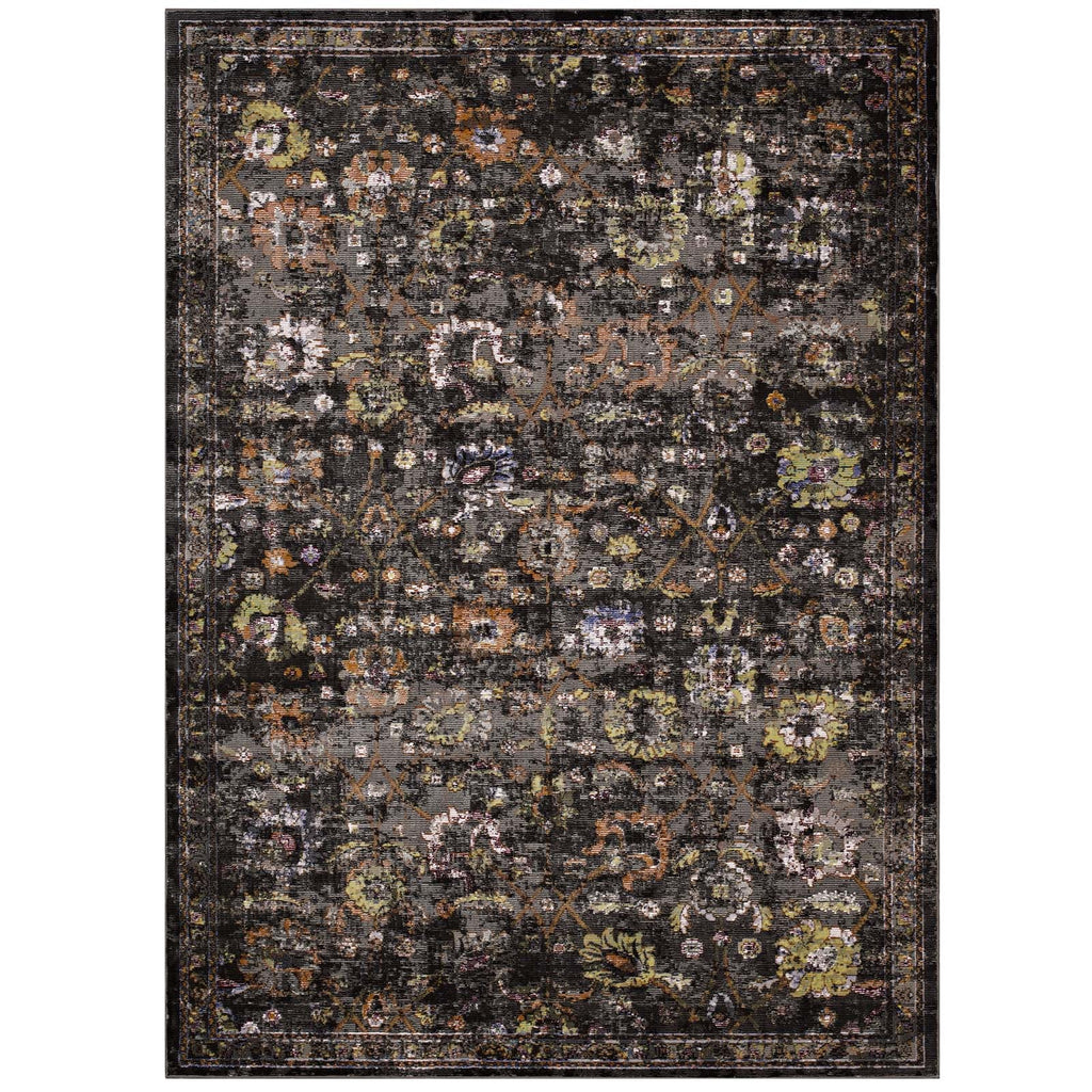 Minu Distressed Floral Lattice 5x8 Area Rug in Black,Yellow and Orange