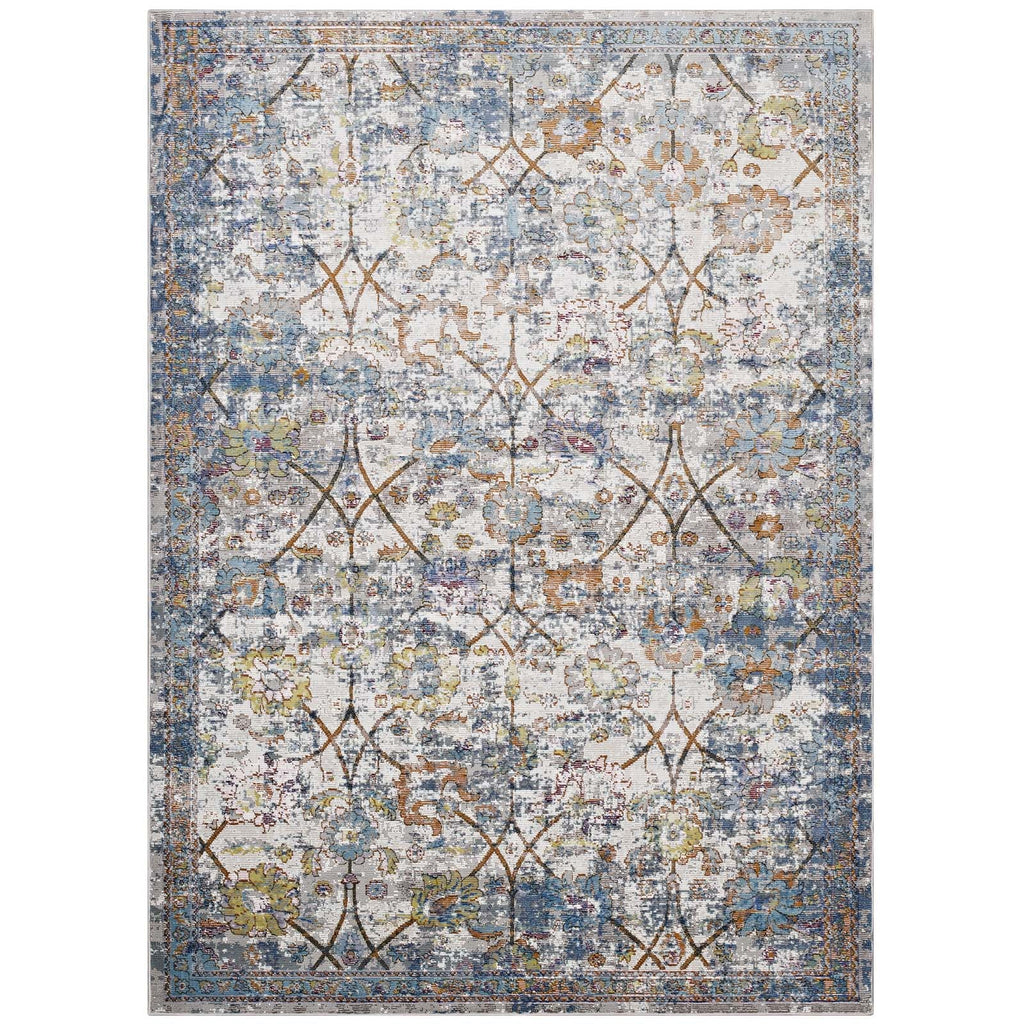 Minu Distressed Floral Lattice 4x6 Area Rug in Light Blue,Yellow and Orange