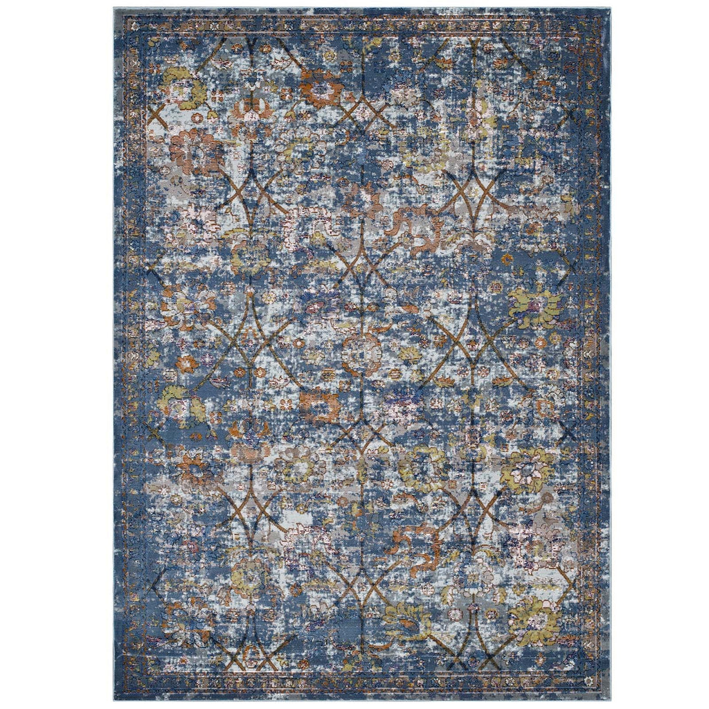 Minu Distressed Floral Lattice 8x10 Area Rug in Blue Gray,Yellow and Orange