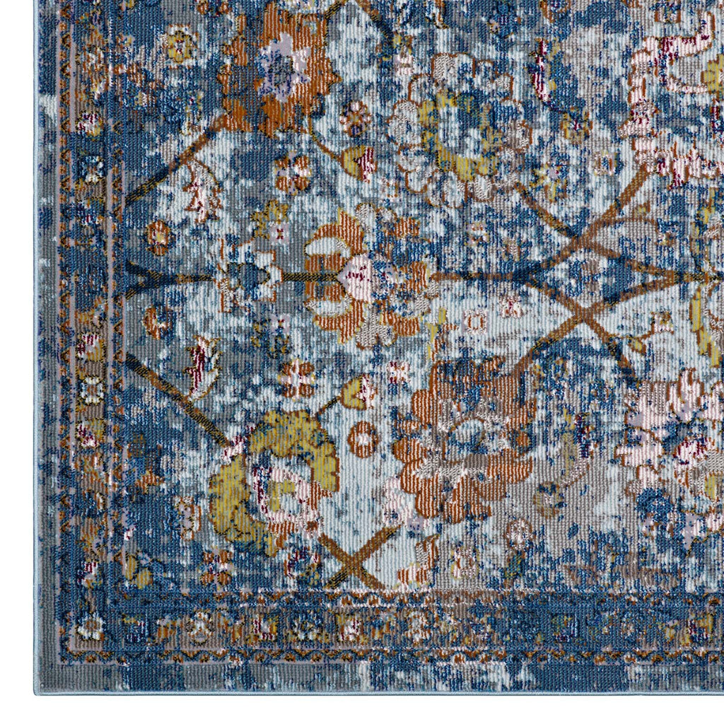 Minu Distressed Floral Lattice 8x10 Area Rug in Blue Gray,Yellow and Orange