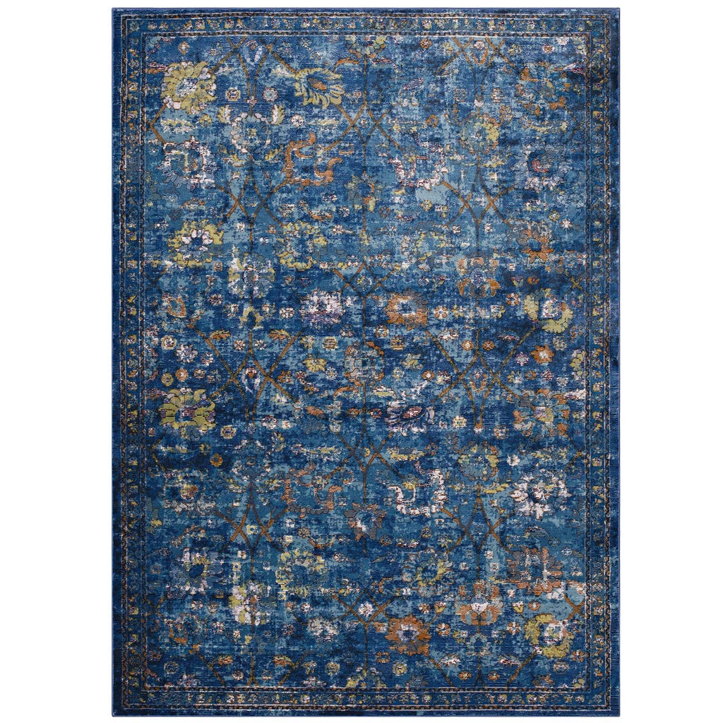 Minu Distressed Floral Lattice 5x8 Area Rug in Dark Blue,Yellow and Orange