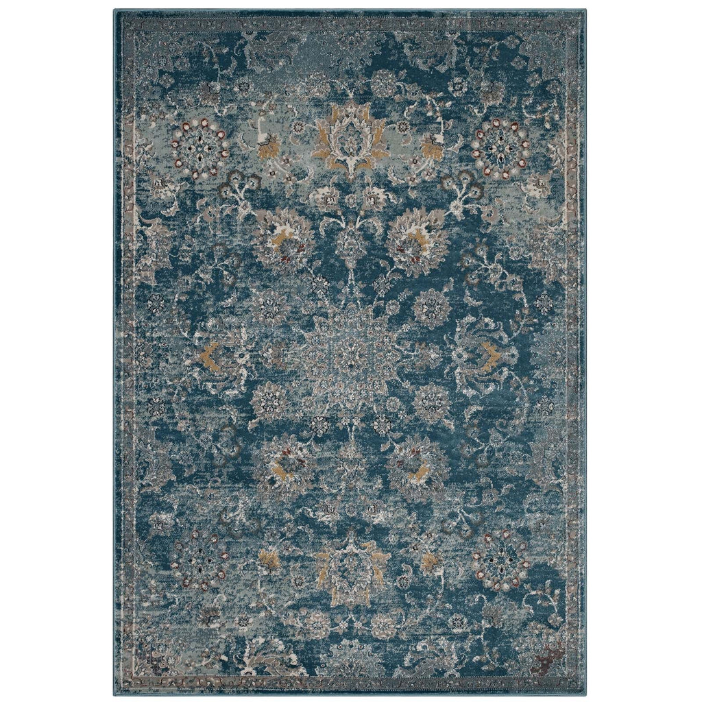 Cynara Distressed Floral Persian Medallion 5x8 Area Rug in Silver Blue,Teal and Beige