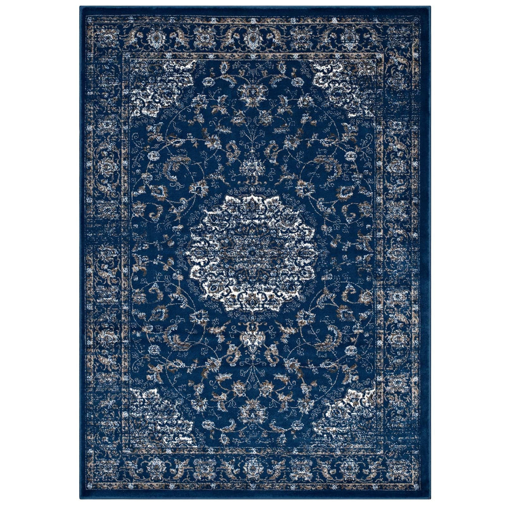 Lilja Distressed Vintage Persian Medallion 8x10 Area Rug in Moroccan Blue,Beige and Ivory