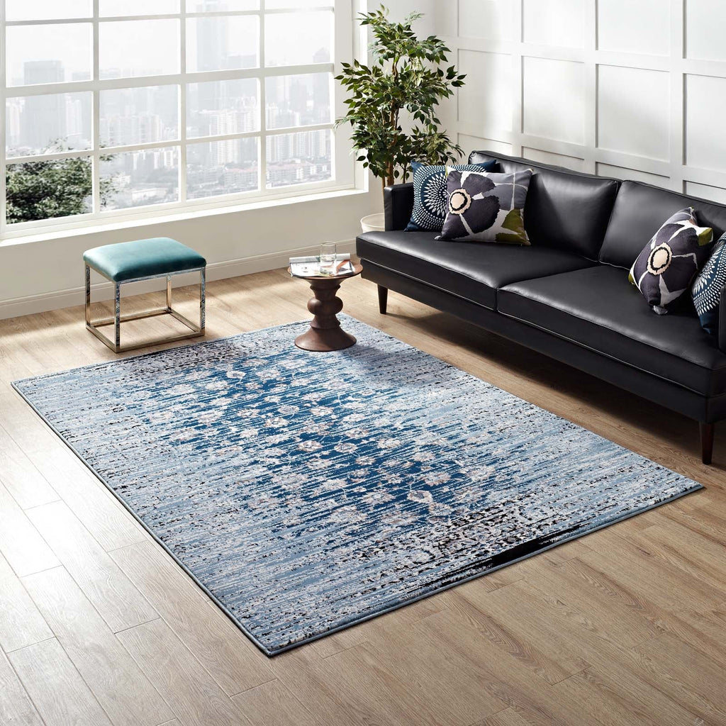 Chiara Distressed Floral Lattice Contemporary 8x10 Area Rug in Moroccan Blue